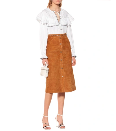 Shop Miu Miu Suede Midi Skirt In Brown