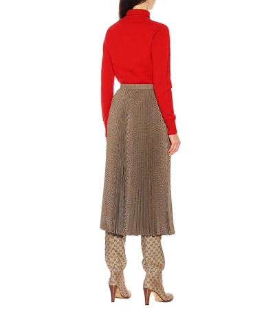 Shop Gucci Checked Pleated Wool Midi Skirt In Brown