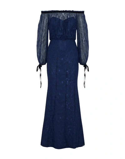 Shop Badgley Mischka Long Dresses In Dark Blue