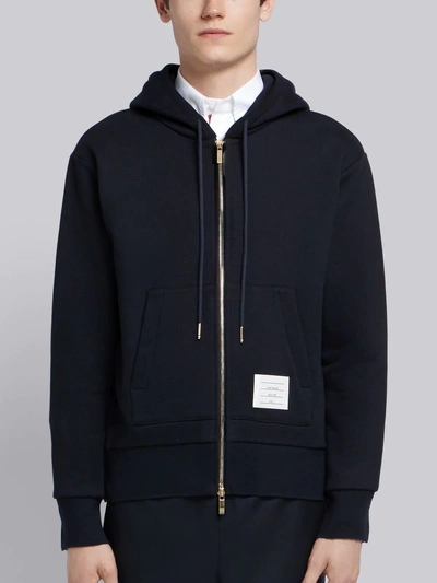 Shop Thom Browne Navy Cotton Loopback Center Back Stripe Zip-up Hoodie In Blue