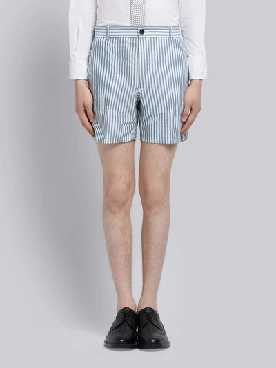 Shop Thom Browne Striped Cuban Detail Wool Patch Shorts In Blue