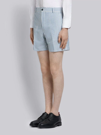 Shop Thom Browne Striped Cuban Detail Wool Patch Shorts In Blue