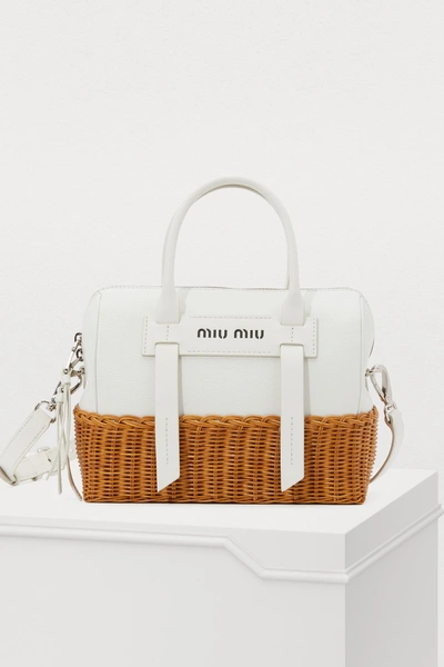 Shop Miu Miu Leather And Rattan Hangbag In White