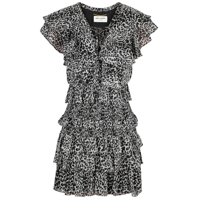 Shop Saint Laurent Leopard-print Silk Chiffon Mini Dress