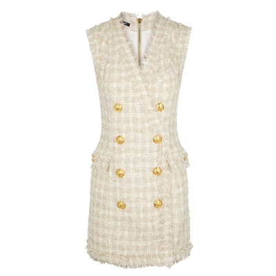 Shop Balmain Ecru Fringed Tweed Mini Dress