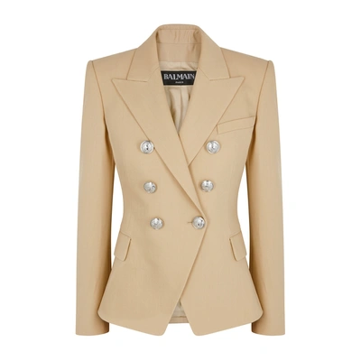 Shop Balmain Sand Double-breasted Wool Blazer In Beige