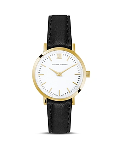 Shop Larsson & Jennings Lugano Black Leather Strap Watch, 26mm In White/black
