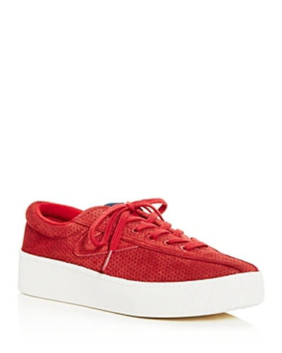 Shop Tretorn Women's Nylite Bold Perforated Nubuck Leather Lace Up Platform Sneakers In Red