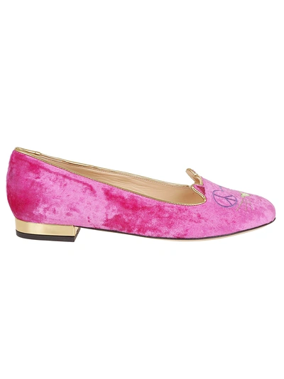 Shop Charlotte Olympia Embroidered Velvet Slippers In Flamingo/gold