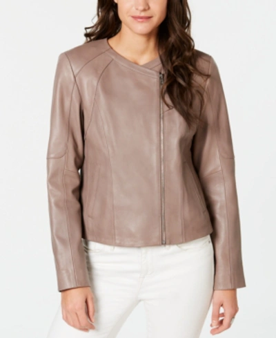 Shop Cole Haan Leather Moto Jacket In Taupe