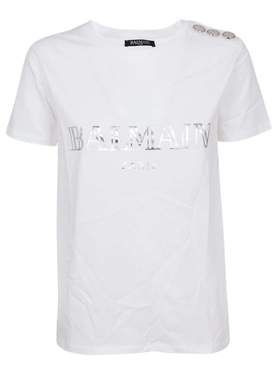 Shop Balmain Ss 3 Button Logo T-shirt In Gac Blanc/argent