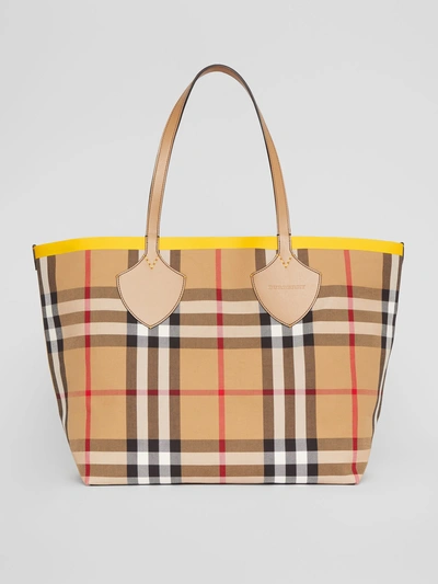 Shop Burberry The Large Giant Tote In Colour Block Check In Antique Yellow/golden Yellow