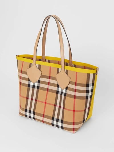 Shop Burberry The Large Giant Tote In Colour Block Check In Antique Yellow/golden Yellow