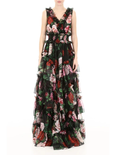 Shop Dolce & Gabbana Rose Print Dress In Mix Rose Fdo Nero (black)