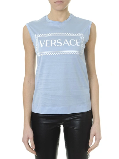Shop Versace Embroidered Logo Tank Top Azure & White In Azure/white