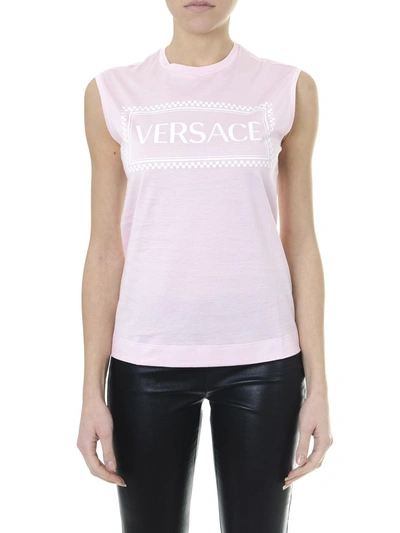 Shop Versace Embroidered Logo Tank Top Pink & White In Pink/white