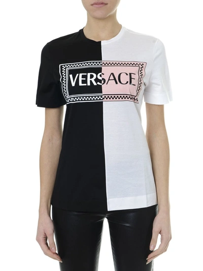 Shop Versace 90s Logo Cotton T-shirt Black, White & Pink In Black/white/pink