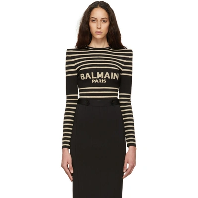 Shop Balmain Black And Gold Striped Logo Bodysuit In Eai Blk/bei