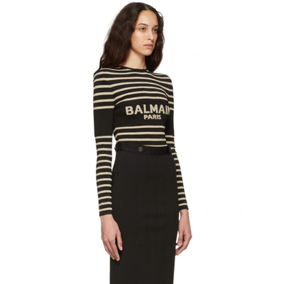 Shop Balmain Black And Gold Striped Logo Bodysuit In Eai Blk/bei