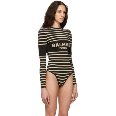 Shop Balmain Black And Gold Striped Logo Bodysuit In Eai Blk/bei