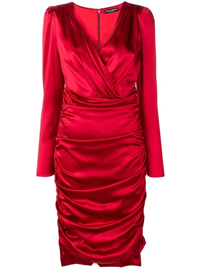 Shop Dolce & Gabbana Gathered Long Sleeved Dress In Red