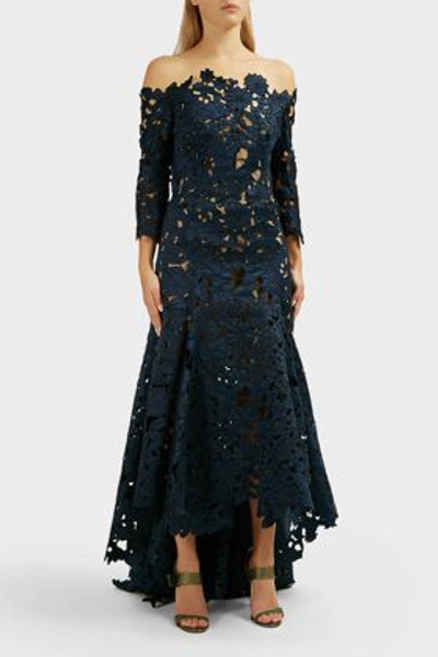 Shop Oscar De La Renta Off-the-shoulder Floral Lace Gown In Navy