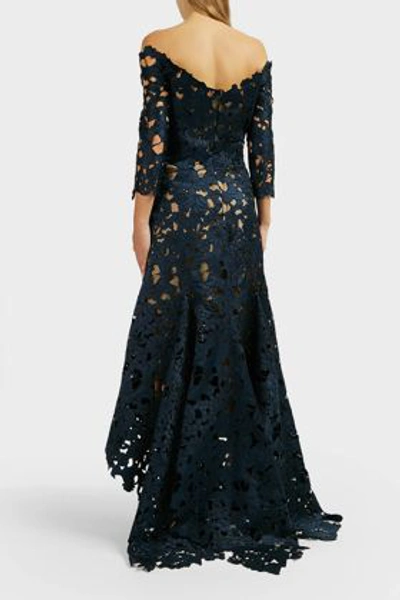 Shop Oscar De La Renta Off-the-shoulder Floral Lace Gown In Navy