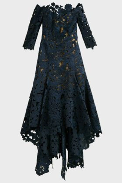 Shop Oscar De La Renta Off-the-shoulder Floral Lace Gown In Navy