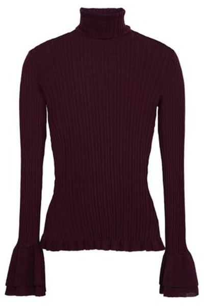 Shop Cinq À Sept Woman Ribbed Cotton-blend Turtleneck Sweater Plum