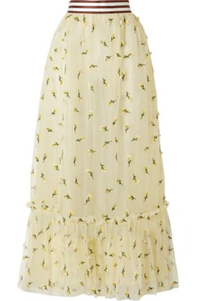 Shop Ganni Bliss Floral-appliquéd Tulle Maxi Skirt In Pastel Yellow