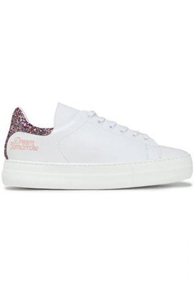 Shop Maje Woman Fanny Glitter-paneled Embroidered Leather Sneakers White