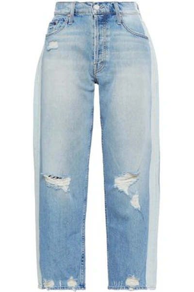 Shop Mother Woman Distressed Cropped Straight-leg Jeans Light Denim