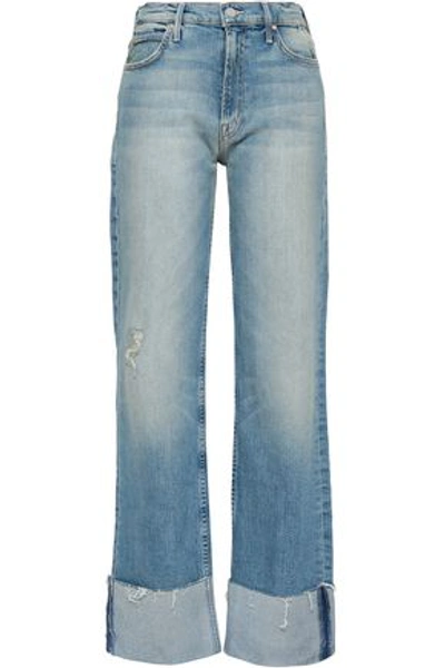 Shop Mother Woman Distressed Faded High-rise Wide-leg Jeans Light Denim