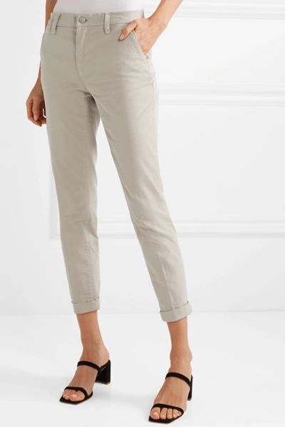 Shop J Brand Josie Cropped Cotton-blend Twill Tapered Pants In Light Gray