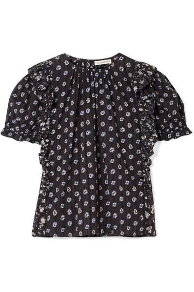 Shop Ulla Johnson Gaia Ruffled Floral-print Cotton-voile Top In Midnight Blue