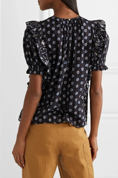 Shop Ulla Johnson Gaia Ruffled Floral-print Cotton-voile Top In Midnight Blue