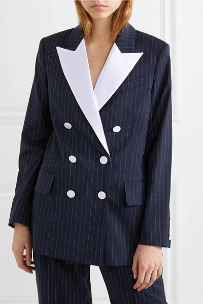 Shop Racil Casablanca Double-breasted Satin-trimmed Striped Wool-blend Crepe Blazer In Midnight Blue