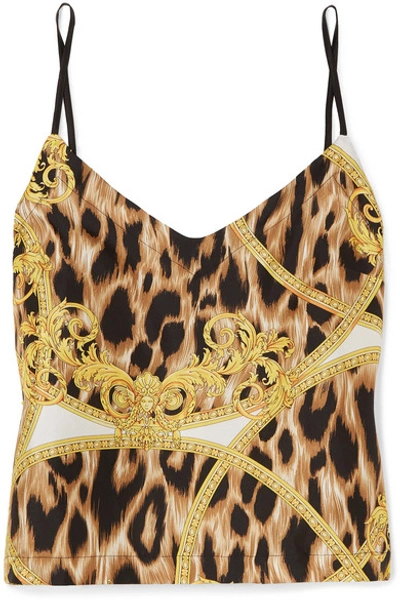 Shop Versace Cropped Printed Silk-twill Camisole In Shiny Gold