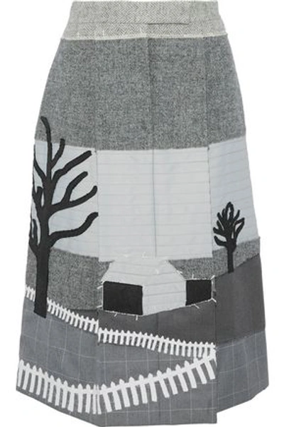 Shop Thom Browne Woman Pleated Patchwork Wool, Silk And Cotton Midi Skirt Gray