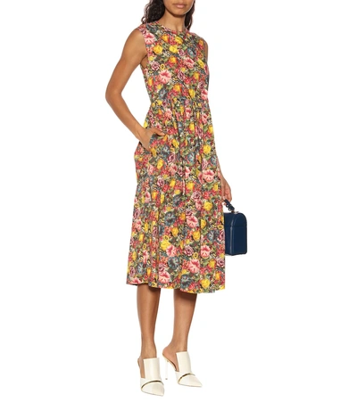 Shop Marni Floral Cotton Midi Dress In Multicoloured