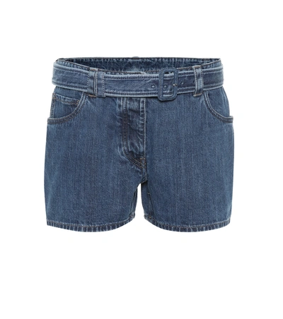 Shop Prada Belted Denim Shorts In Blue