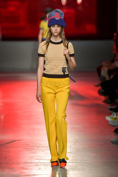 Shop Prada Belted Technical Jersey Trousers In Yellow