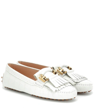 Shop Tod's Gommino Embossed Leather Loafers In White