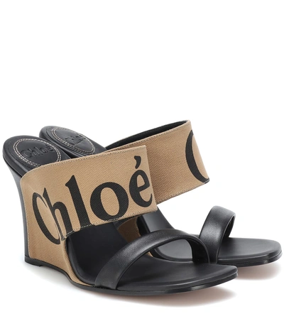 Shop Chloé Canvas And Leather Wedge Sandals In Black