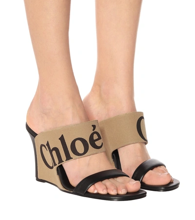 Shop Chloé Canvas And Leather Wedge Sandals In Black