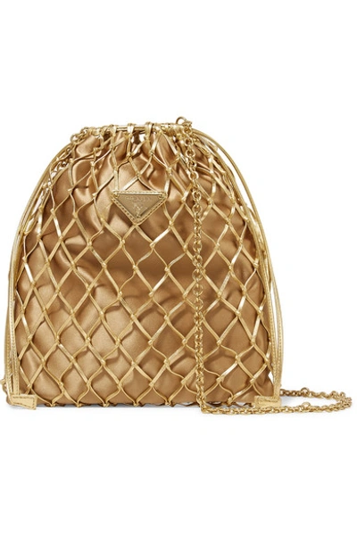 Shop Prada Macramé Leather And Satin Bucket Bag In Gold