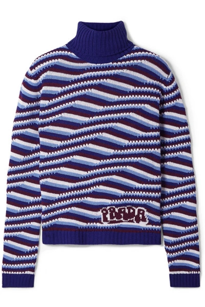 Shop Prada Intarsia Cashmere Turtleneck Sweater In Blue