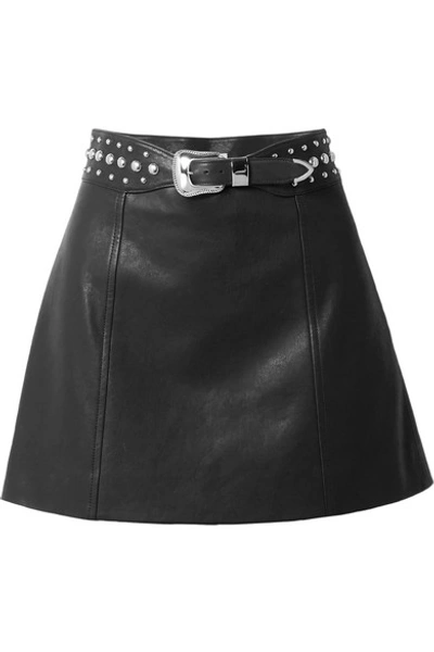 Shop Miu Miu Belted Studded Leather Mini Skirt In Black