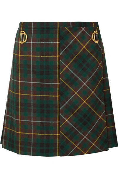 Shop Burberry Pleated Tartan Wool Mini Skirt In Green