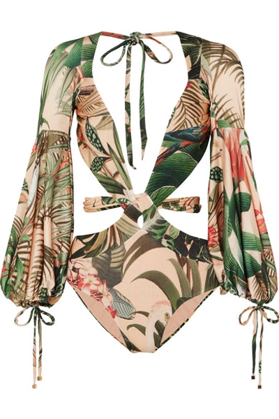 Shop Patbo Paradise Printed Cutout Swimsuit In Green